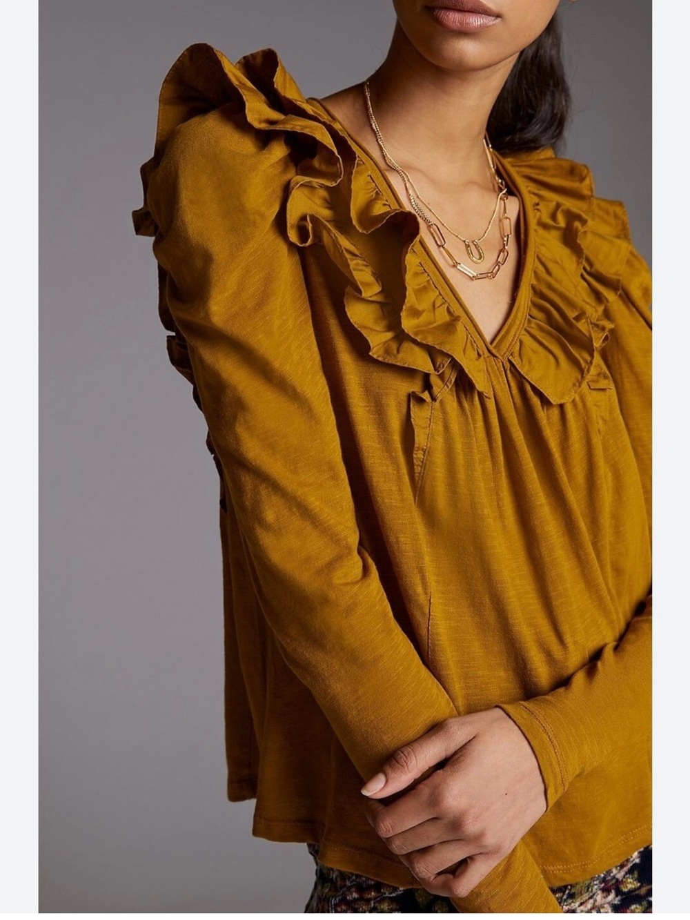 Anthropologie Mustard Ruffle V-Neck Long Sleeve Blouse